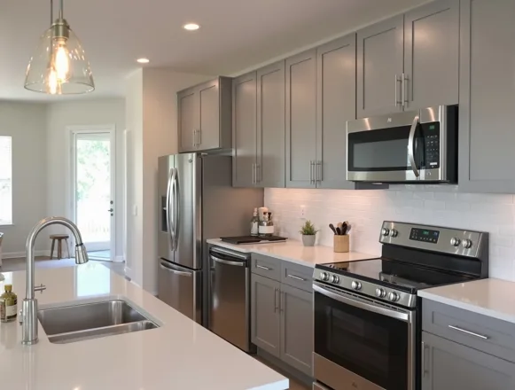 Kitchen & Bath Package — UTS BuildPros unit turn renovation Unit turn kitchen renovation — gray shaker cabinets with subway tile, Fort Worth apartment community