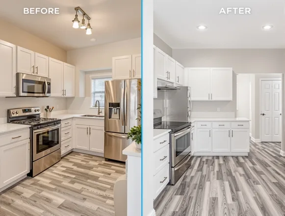 Class B Interior Repositioning — UTS BuildPros multifamily repositioning Value-add unit interior after repositioning — quartz counters and LVP in Dallas Class B property