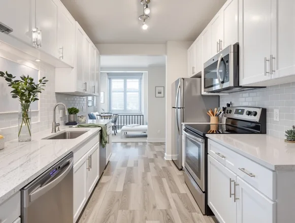 Class A Unit Turn — UTS BuildPros unit turn renovation Completed unit turn — luxury vinyl plank flooring and quartz kitchen in Dallas apartment community