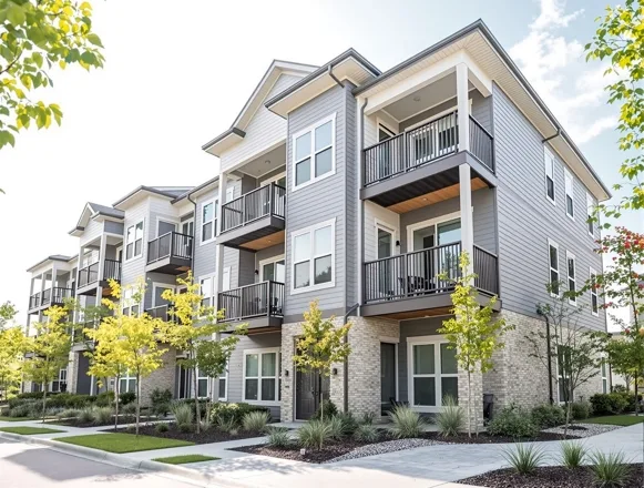 Exterior Envelope & Curb Appeal — UTS BuildPros multifamily repositioning Exterior repositioning — modern siding, balconies, and landscaping for Houston apartment community