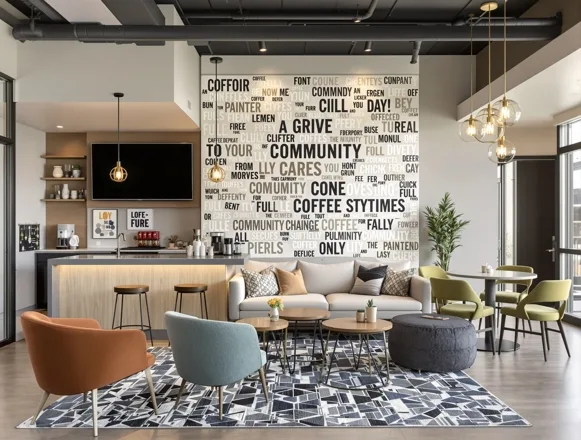 Completed clubhouse renovation — modern coffee bar and co-working lounge in Dallas apartment community